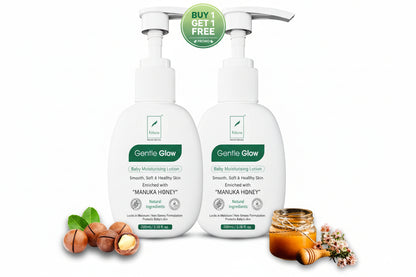 Two bottles of Gentle Glow skincare product with Manuka Honey, surrounded by honeycomb and honeycomb pieces, on a white background with a 'Buy 1 Get 1 Free' offer.